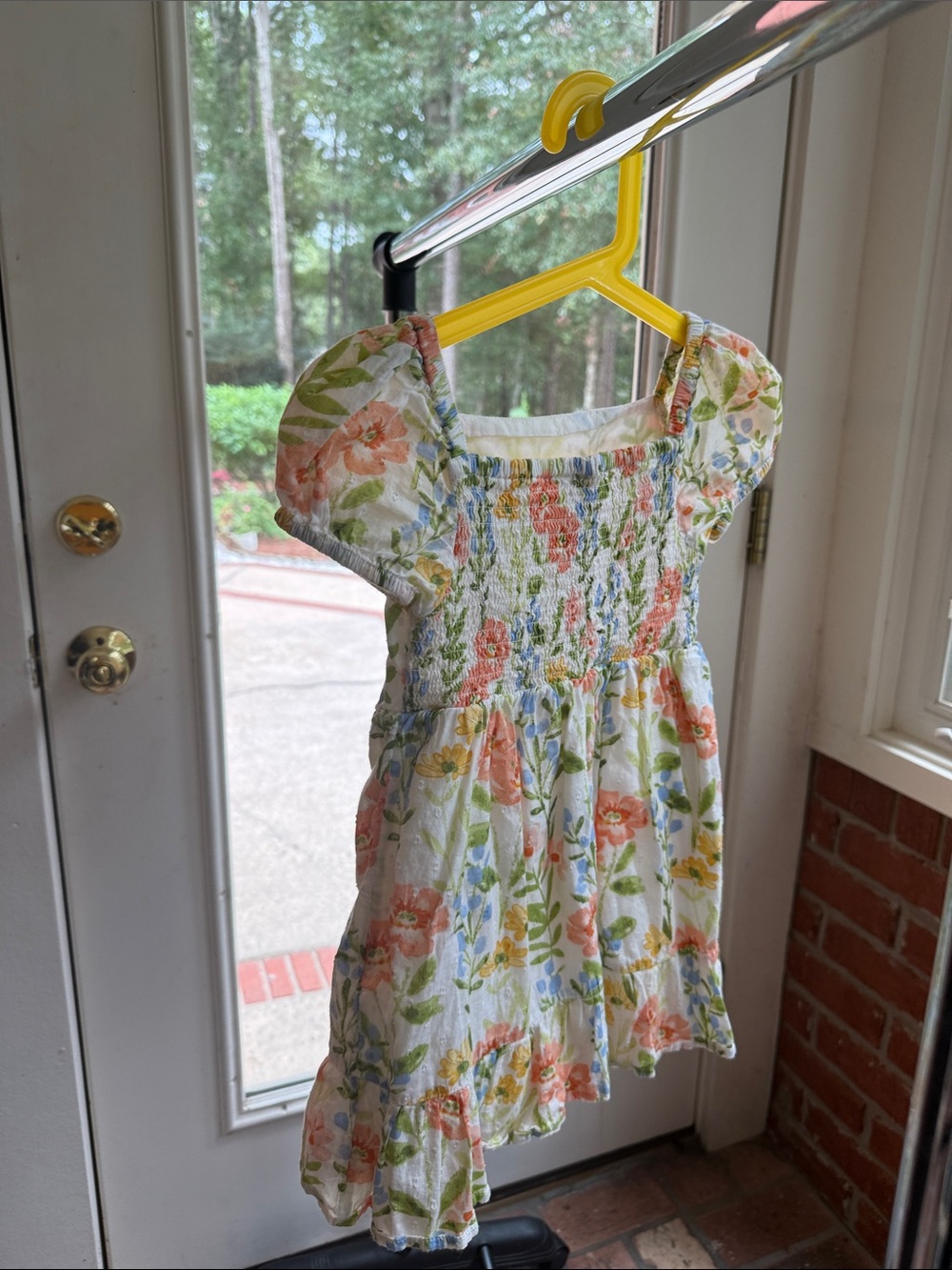 Gymboree White Dress with Peach Floral Print and Green Leaves